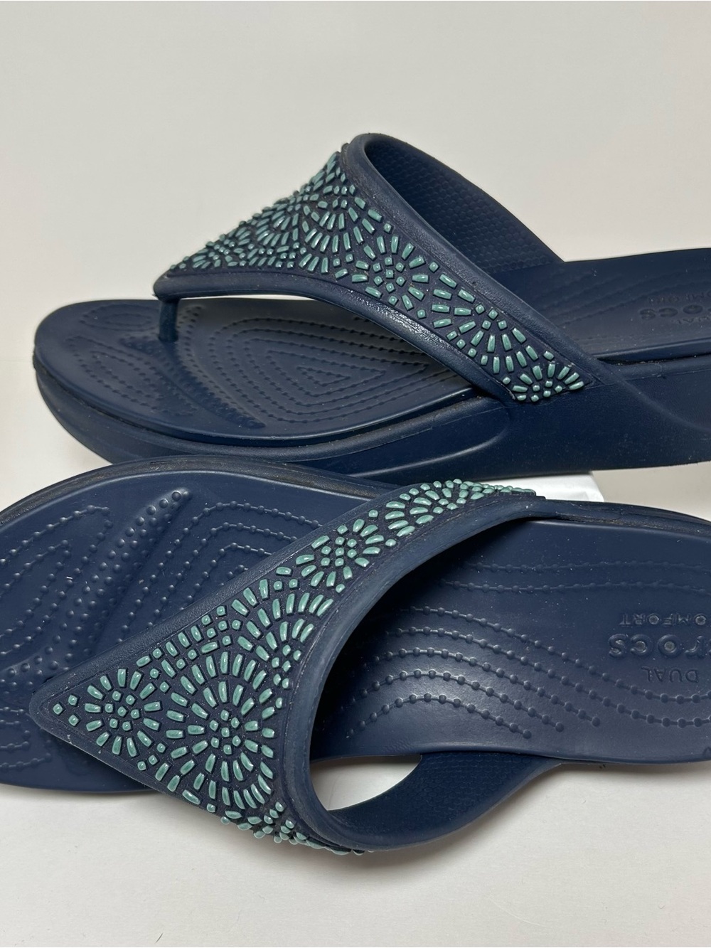 CROCS Navy Sandals with Teal Mosaic Embellishments - Women